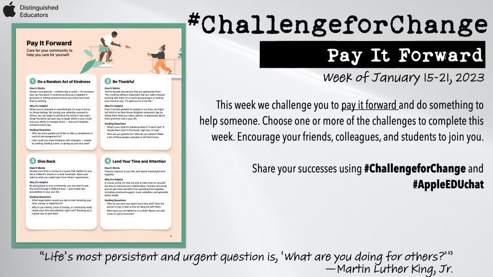 This week we challenge you to pay it forward and so something to help someone. Choose a challenge and share your successes.
