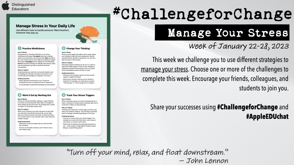 This week we challenge you to use different strategies to manage your stress. Choose a challenge and share your successes.
