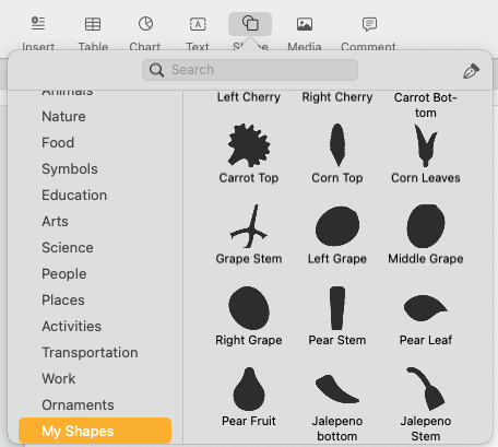 Image of fruit and vegetable pieces in the My Shapes Library