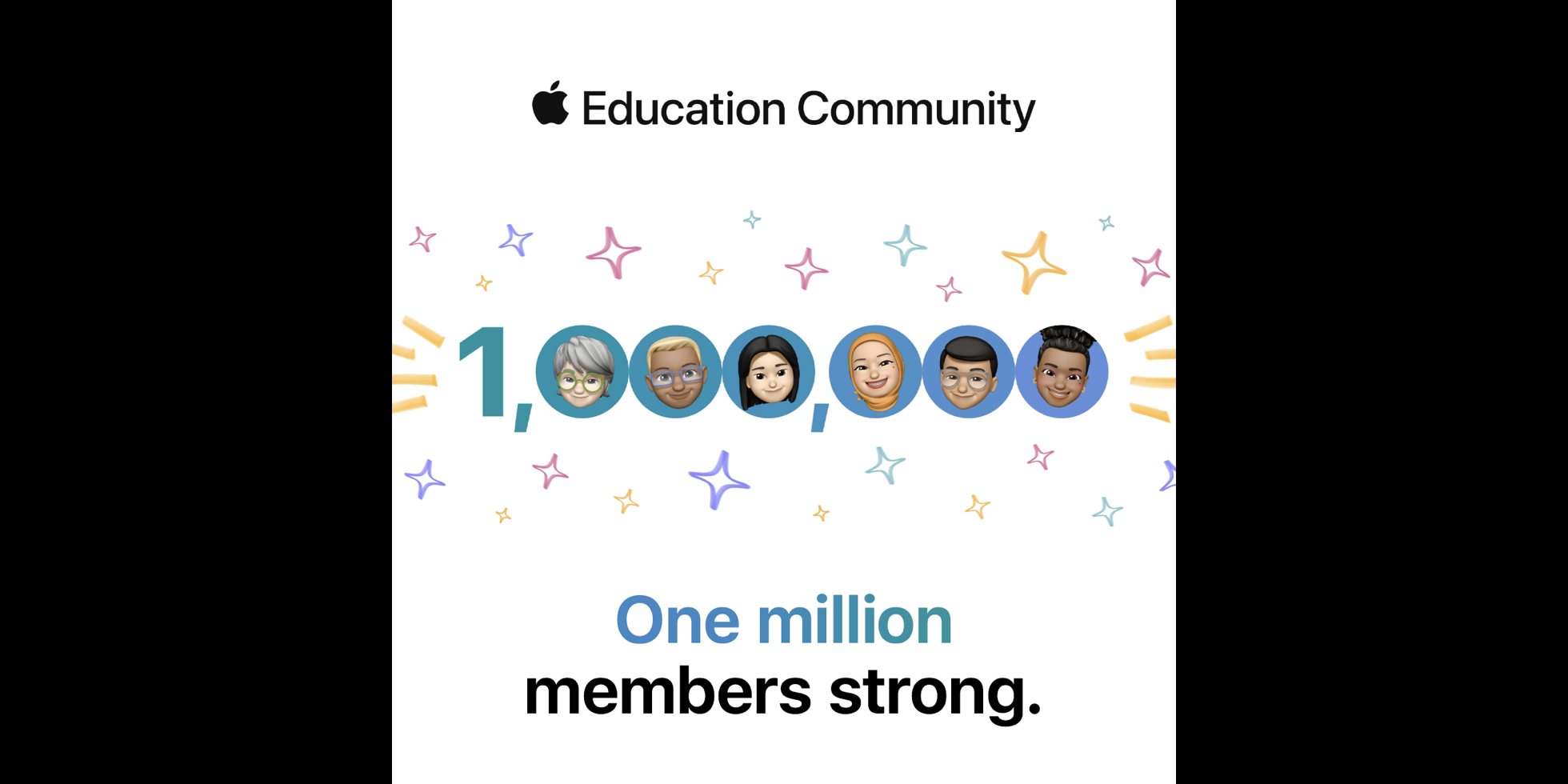 Graphic featuring diverse Memoji and flourishes celebrating one million members strong in the Apple Education Community
