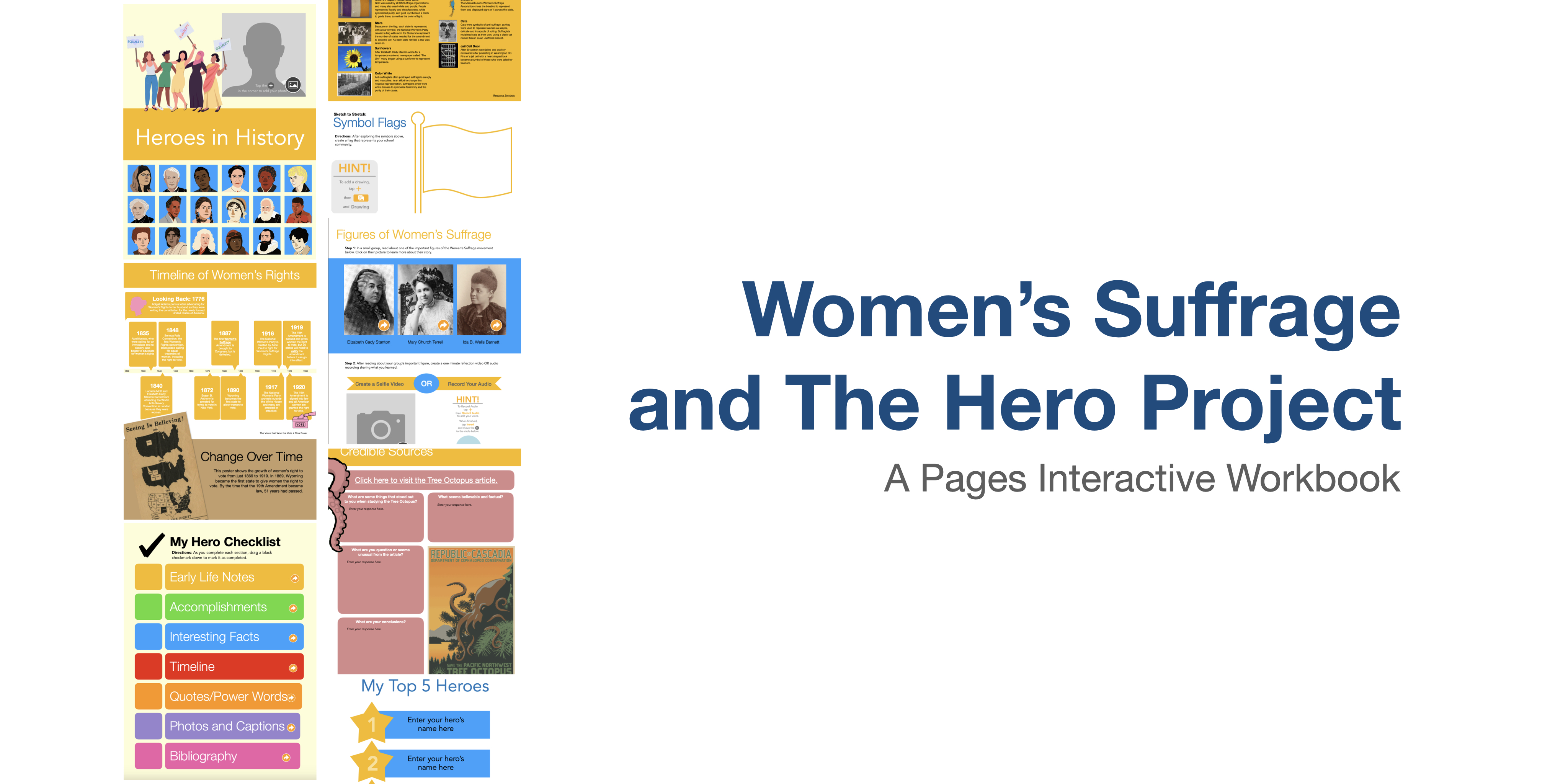 Image contains preview thumbnails of the pages in the Heroes in History interactive workbook.