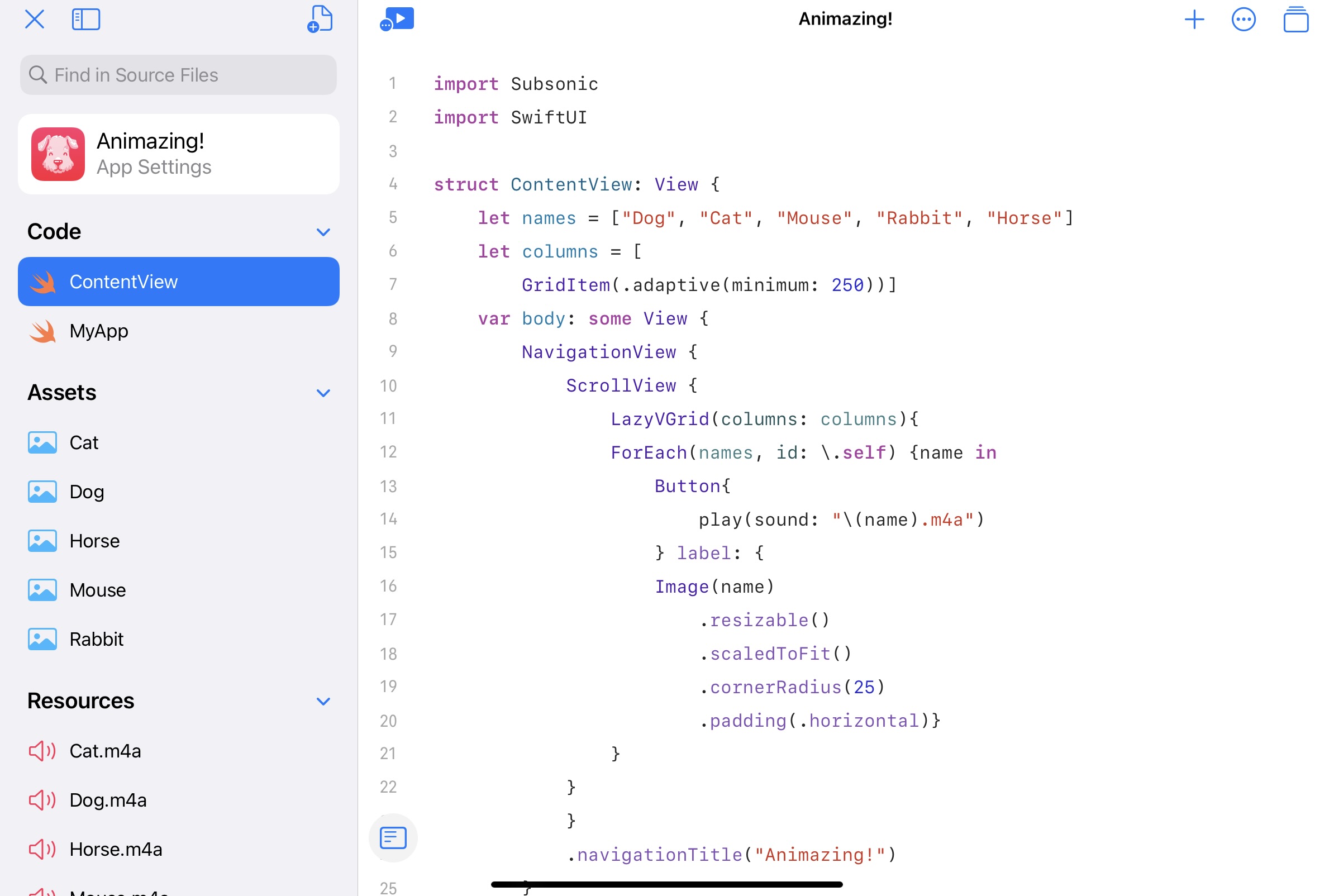 Swift playgrounds screenshot showing code for ‘Animazing’ app.