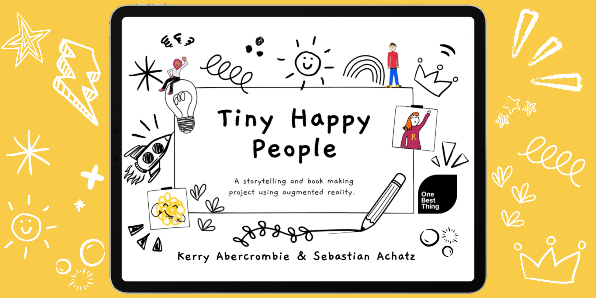 Font cover of the Tiny Happy People eBook with a yellow background with lots of doodles.