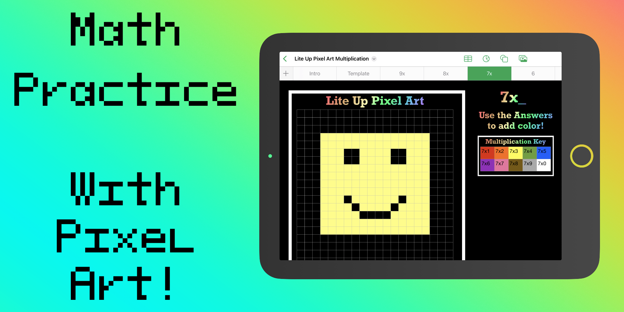 iPad with a pixel art example and the words "Math practice with pixel are".