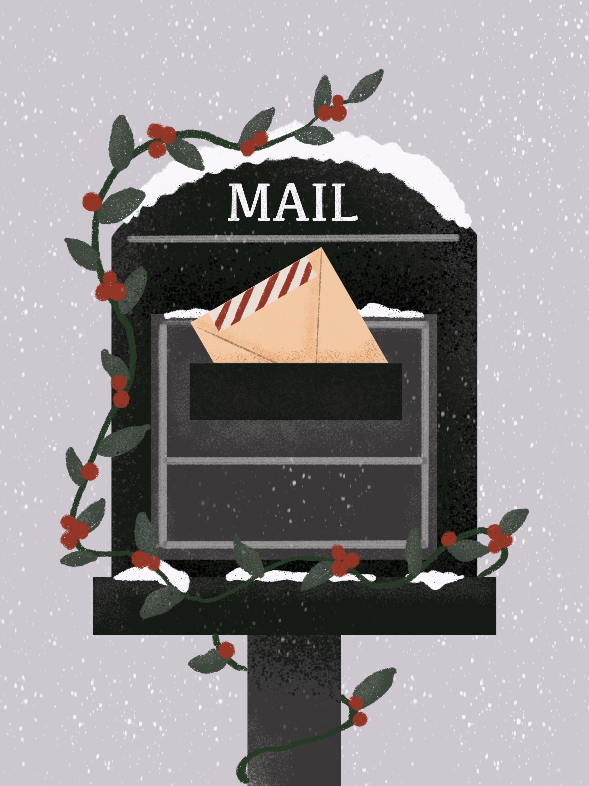 drawing of a vintage style mailbox with show and wintery vines with an envelop in the slot.