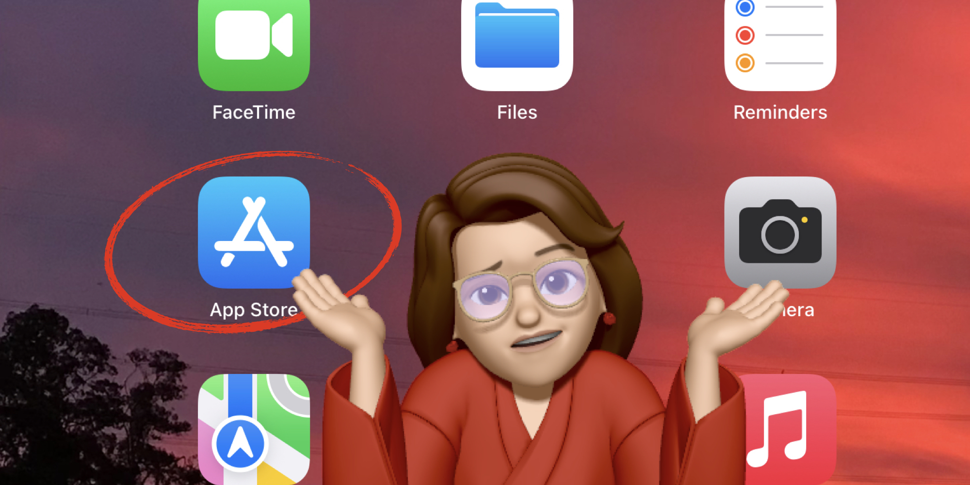 Confused looking female Memoji in front of the App store icon