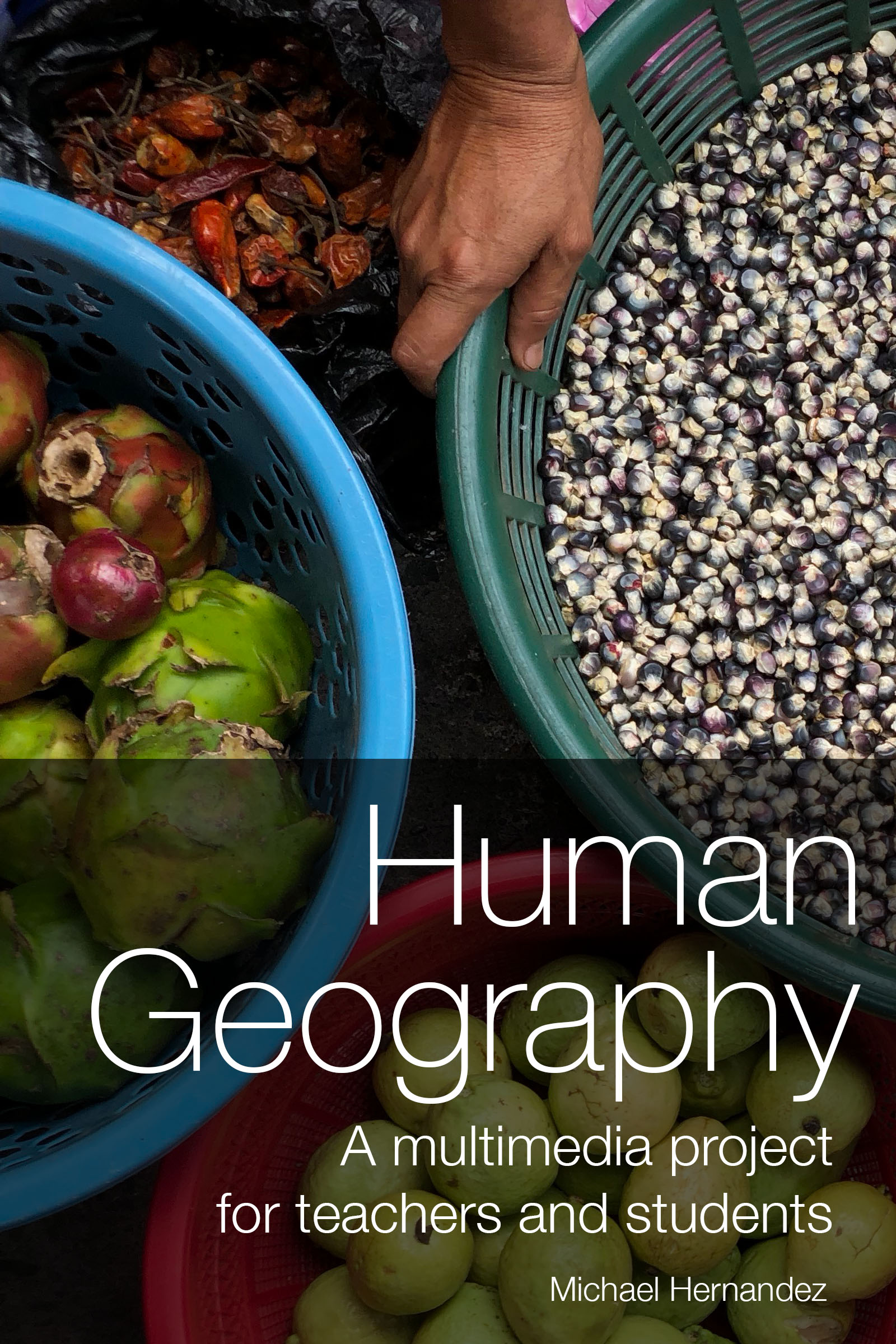 cover of the digital book "Human Geography" with a photo of a hand reaching for vegetables in a market
