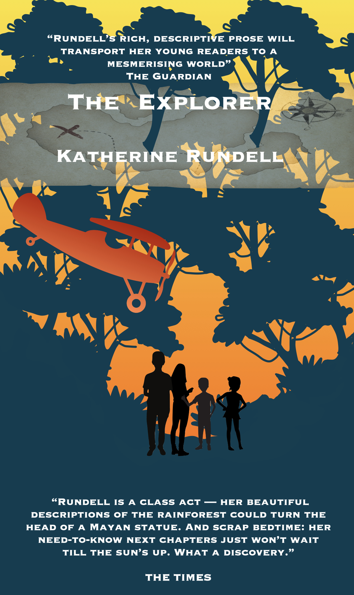 Book cover showing a plane and 4 children lost after a plane crash.  The cover also contains quotes 