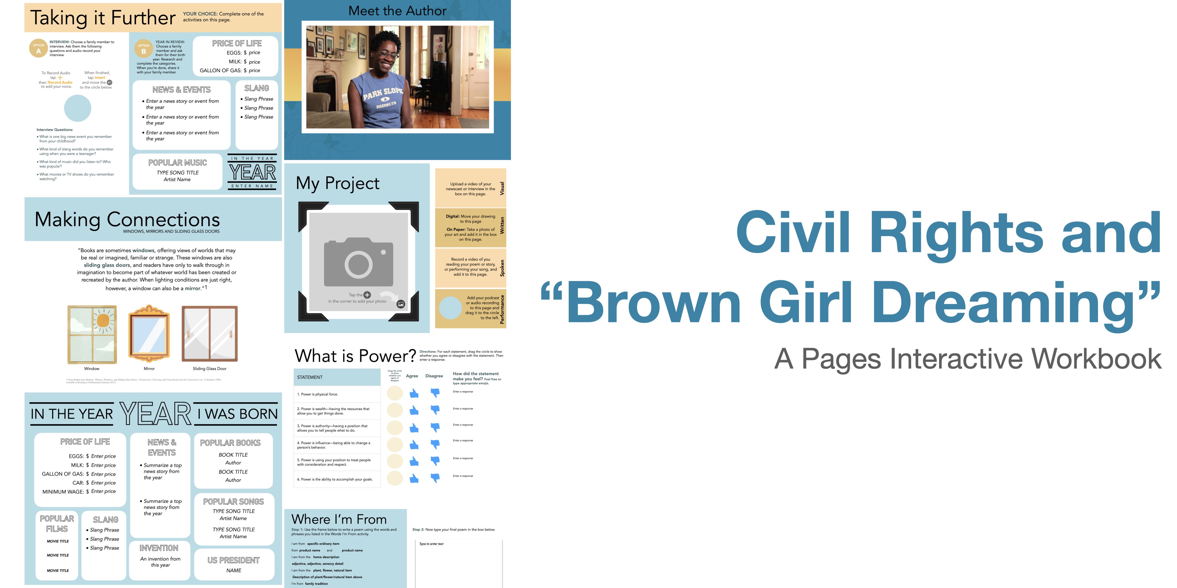 Image contains preview thumbnails of the pages in the Civil Rights and Brown Girl Dreaming workbook.