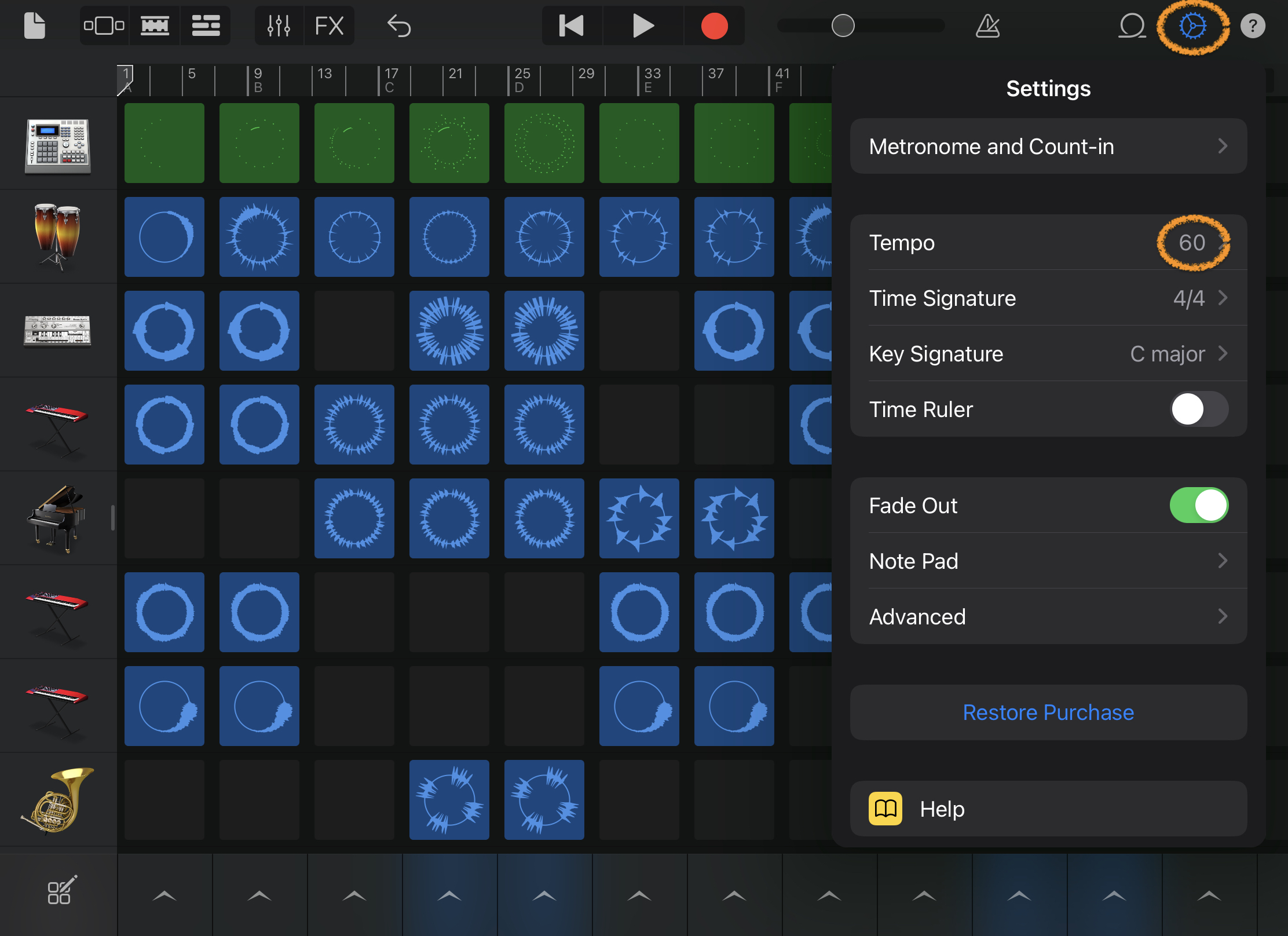 iPad GarageBand Live Loops view with Settings and Tempo 60 beats per minute circled
