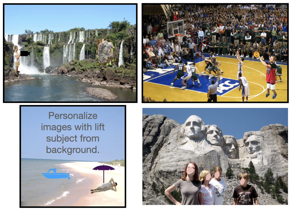 examples of students in a habitat, basketball game, or in front of Mount Rushmore.