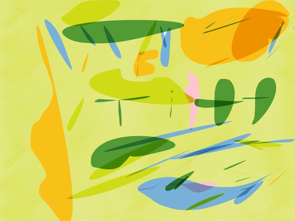 lime green background with orange and green splotches in various sizes, shapes and directions.