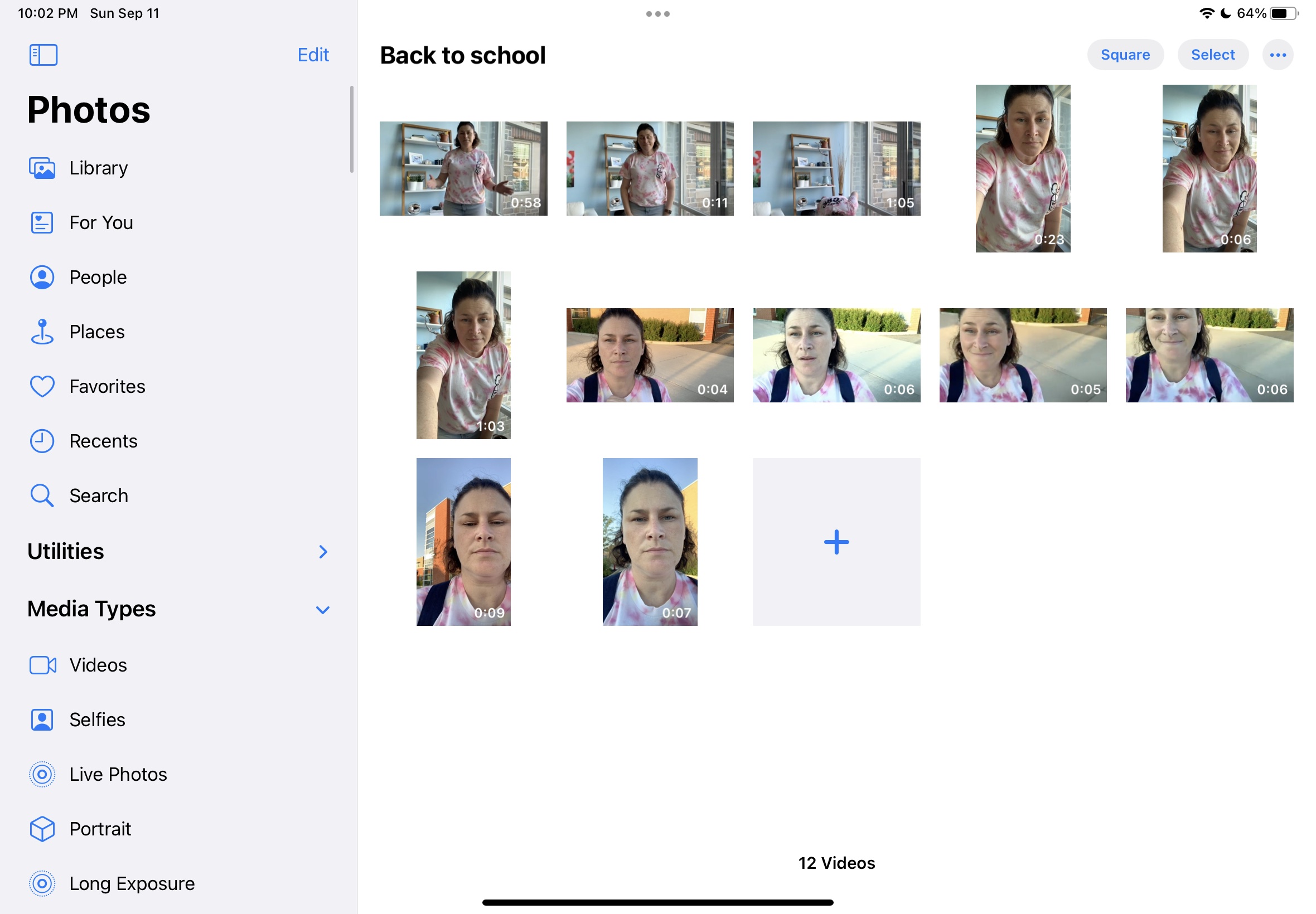 A screenshot of the photo album Back to School with the unedited clips.