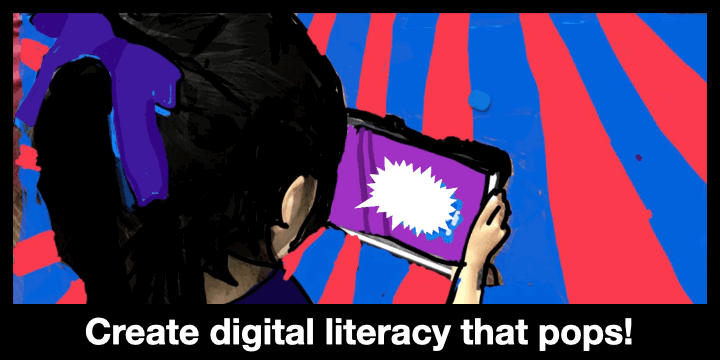 Artwork of child with an iPad with the text, create digital literacy that pops