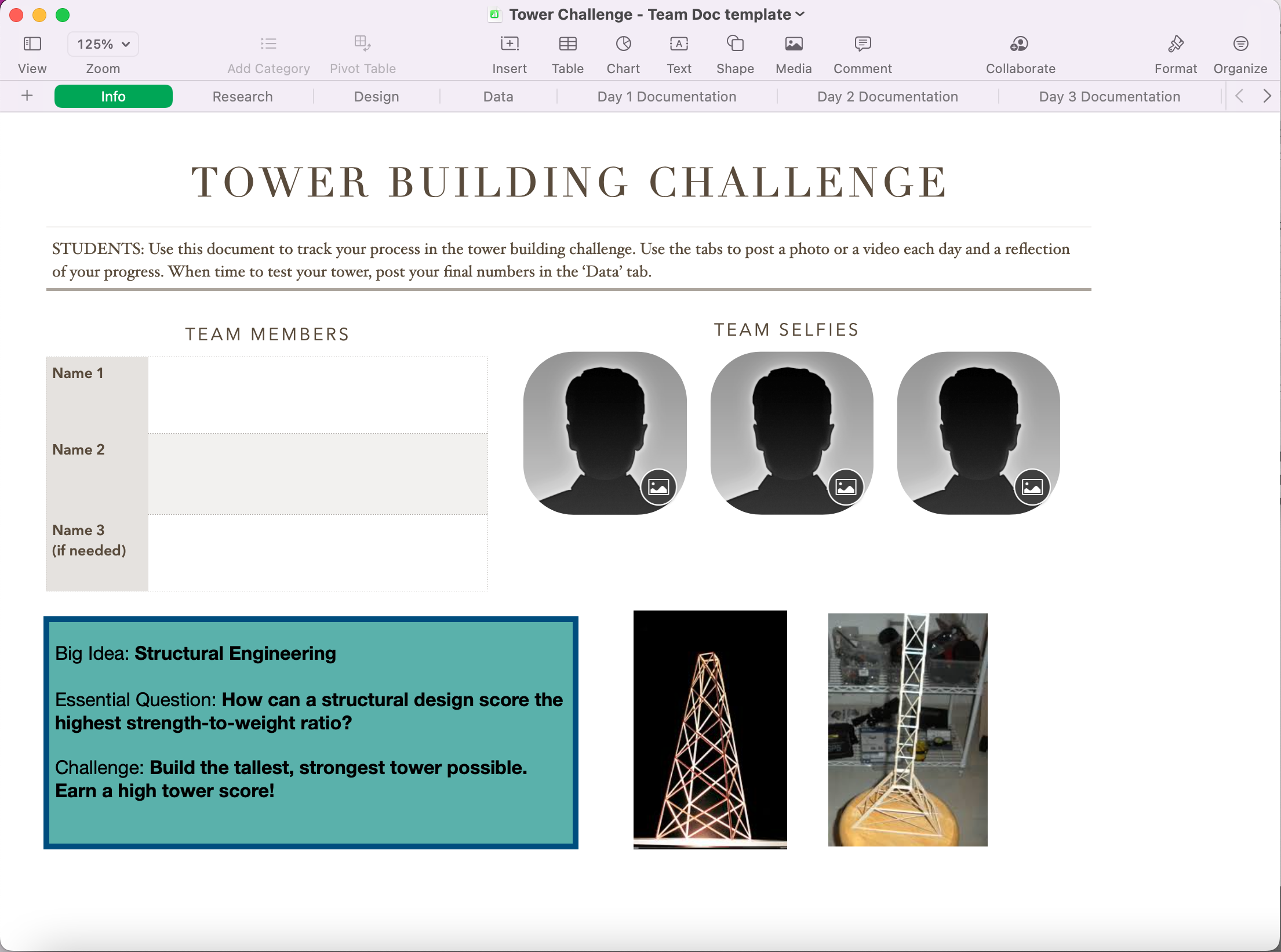 Screenshot of Numbers template for Tower Building Challenge