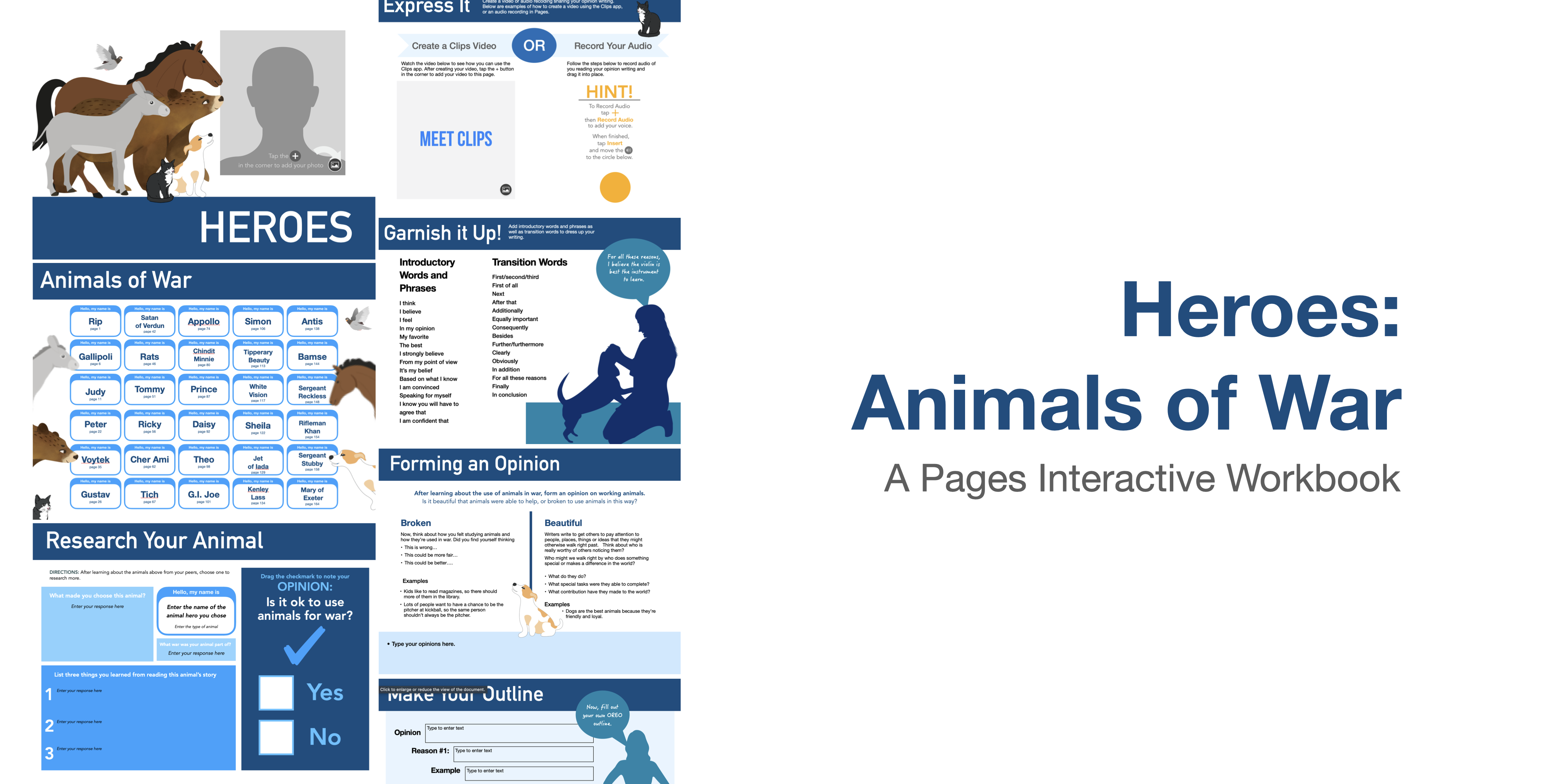 Image contains preview thumbnails of the pages in the Heroes (Animals of War) Interactive Workbook.