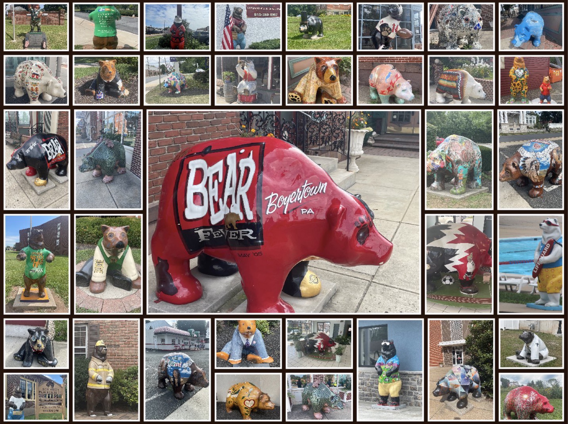 Collage showing 35 of the Boyertown bears on display. 