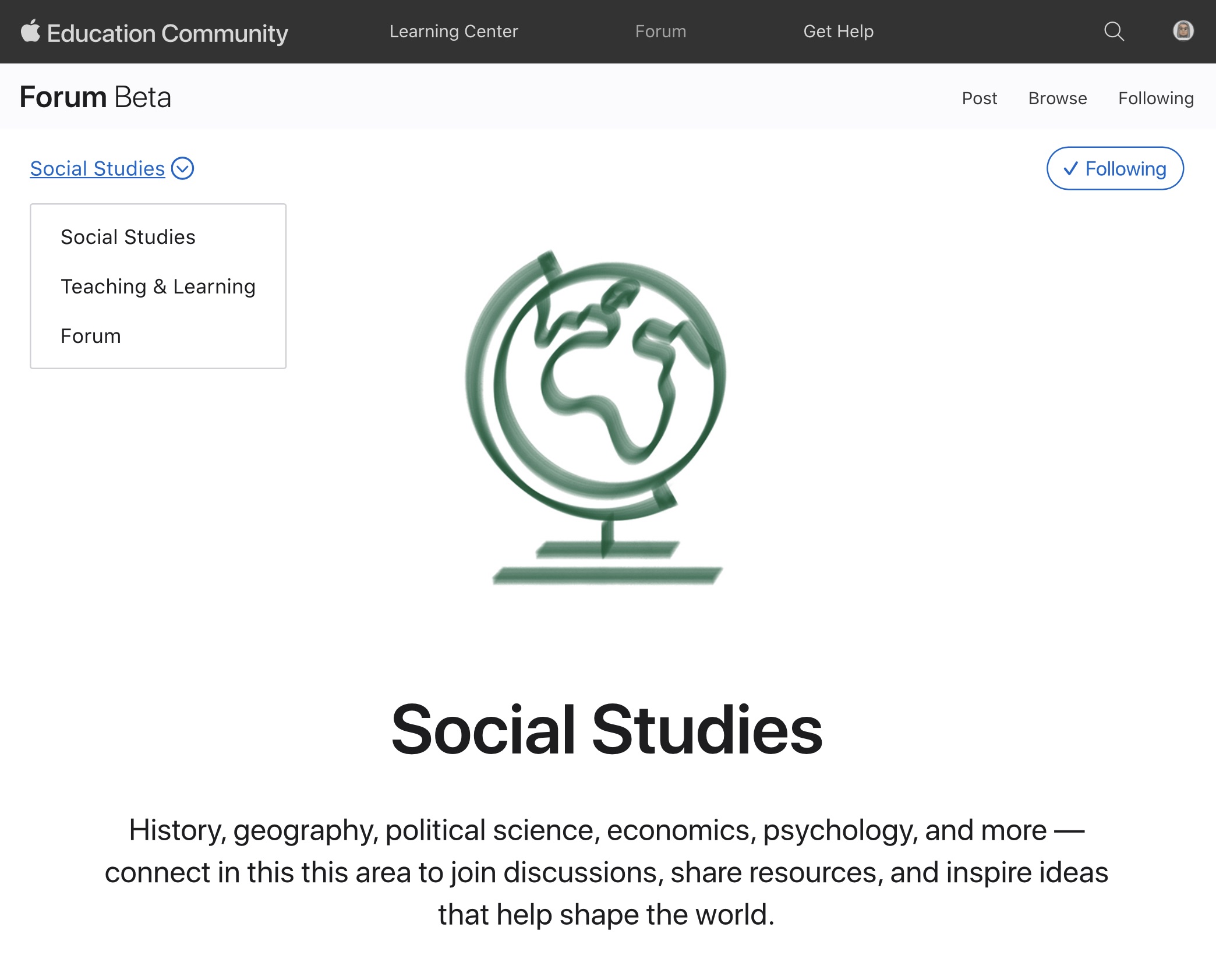 Screen shot of Social Studies area within Teaching and Learning in the Apple Education Community