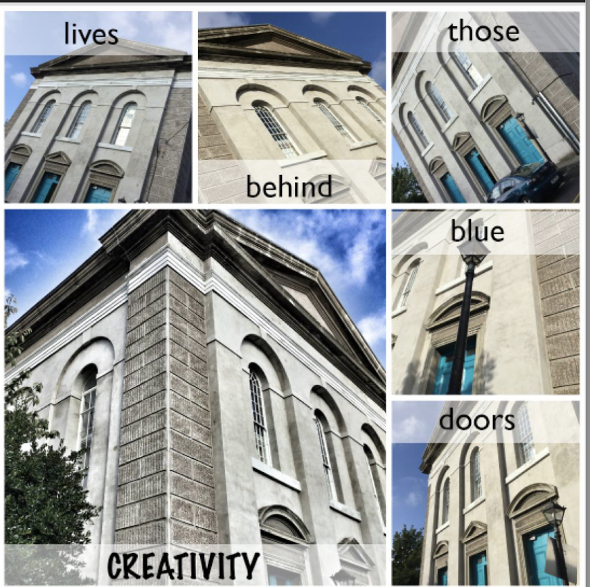 Image of various angles of a building including a door, roof, walls with the caption Creativity lives behind those blue doors