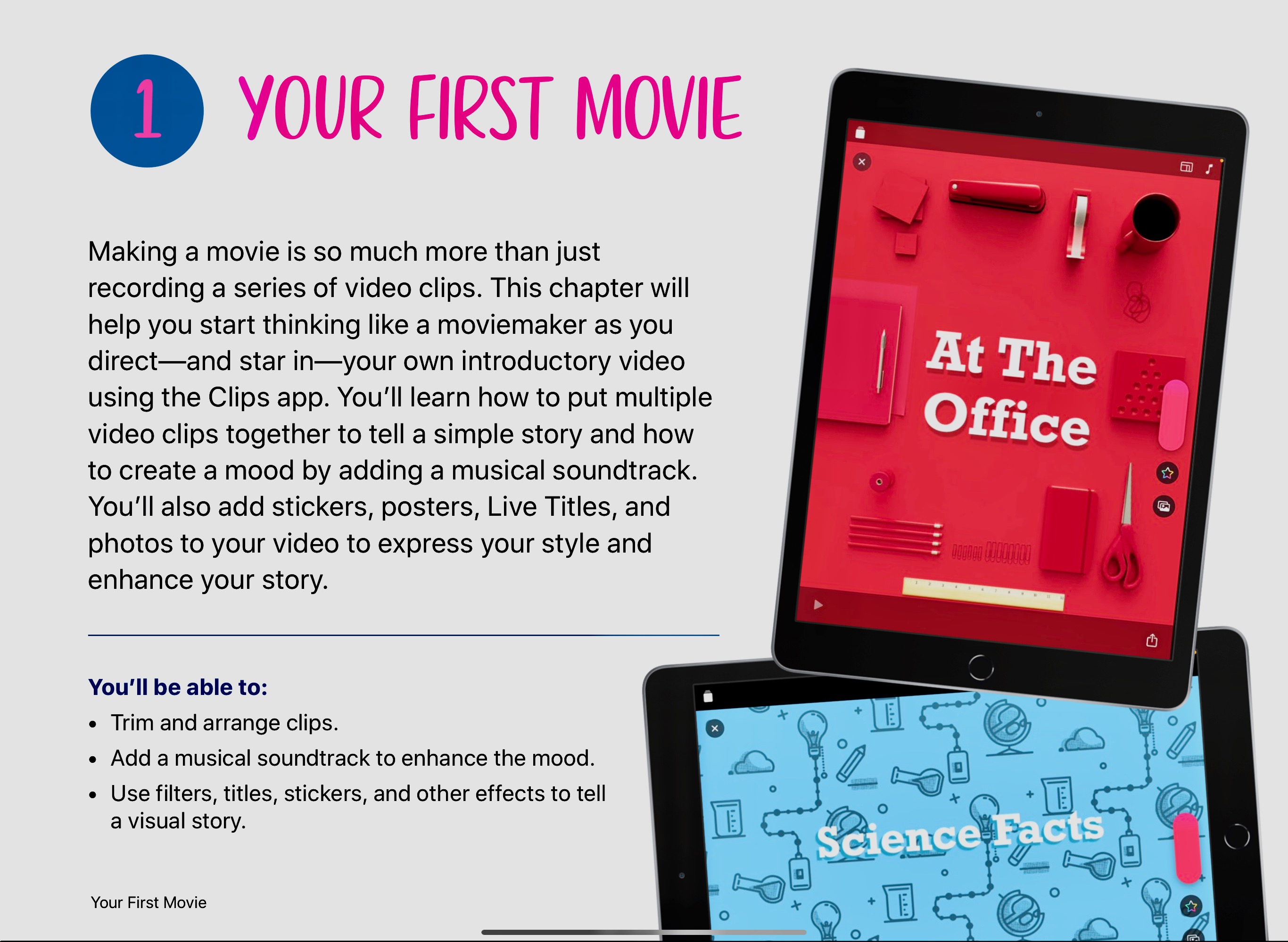 The first page of chapter 1 from the Everyone Can Create: Video book.  The chapter is titled "Your First Movie".