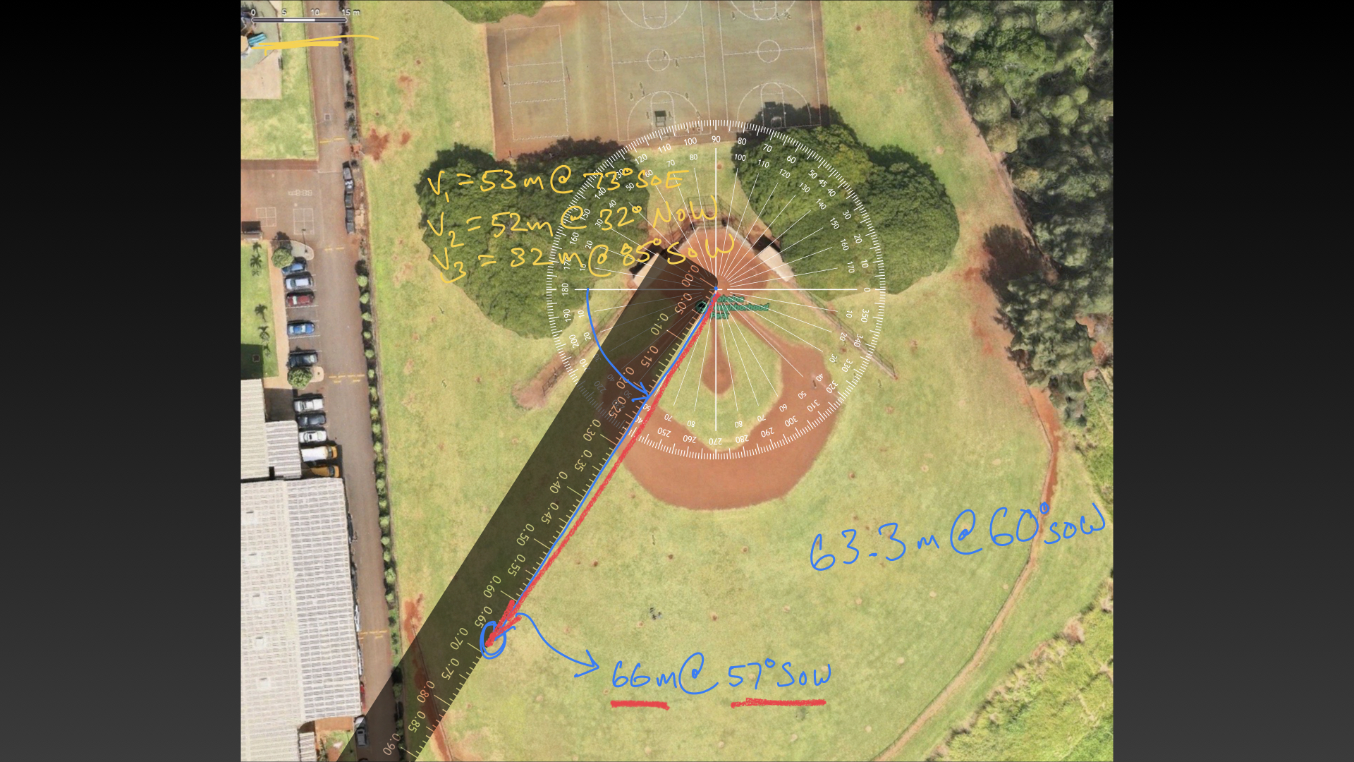 Screenshot of Apple Maps with ruler and protractor Keynote shapes overlaid