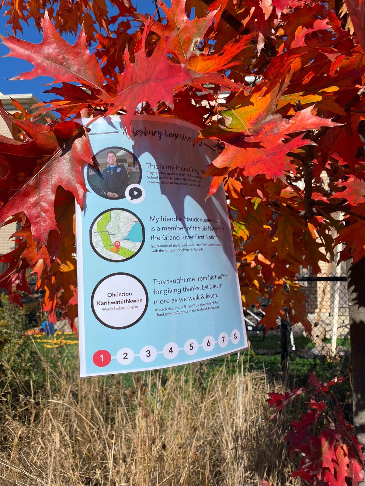 Sign hanging in a fall tree. The sign has an image of educator Troy Hill, a map of Six Nations of the grand river, and a note