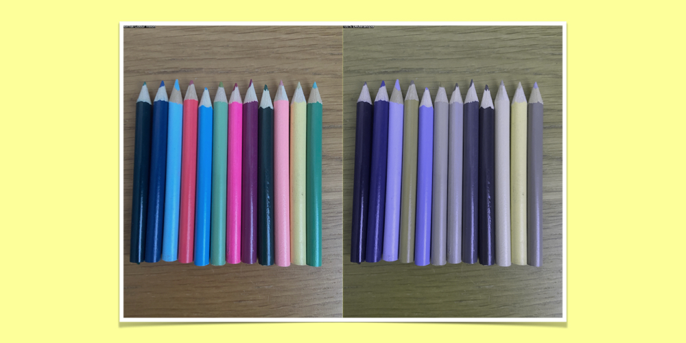 Coloured pencils showing the difference that colour blind children see