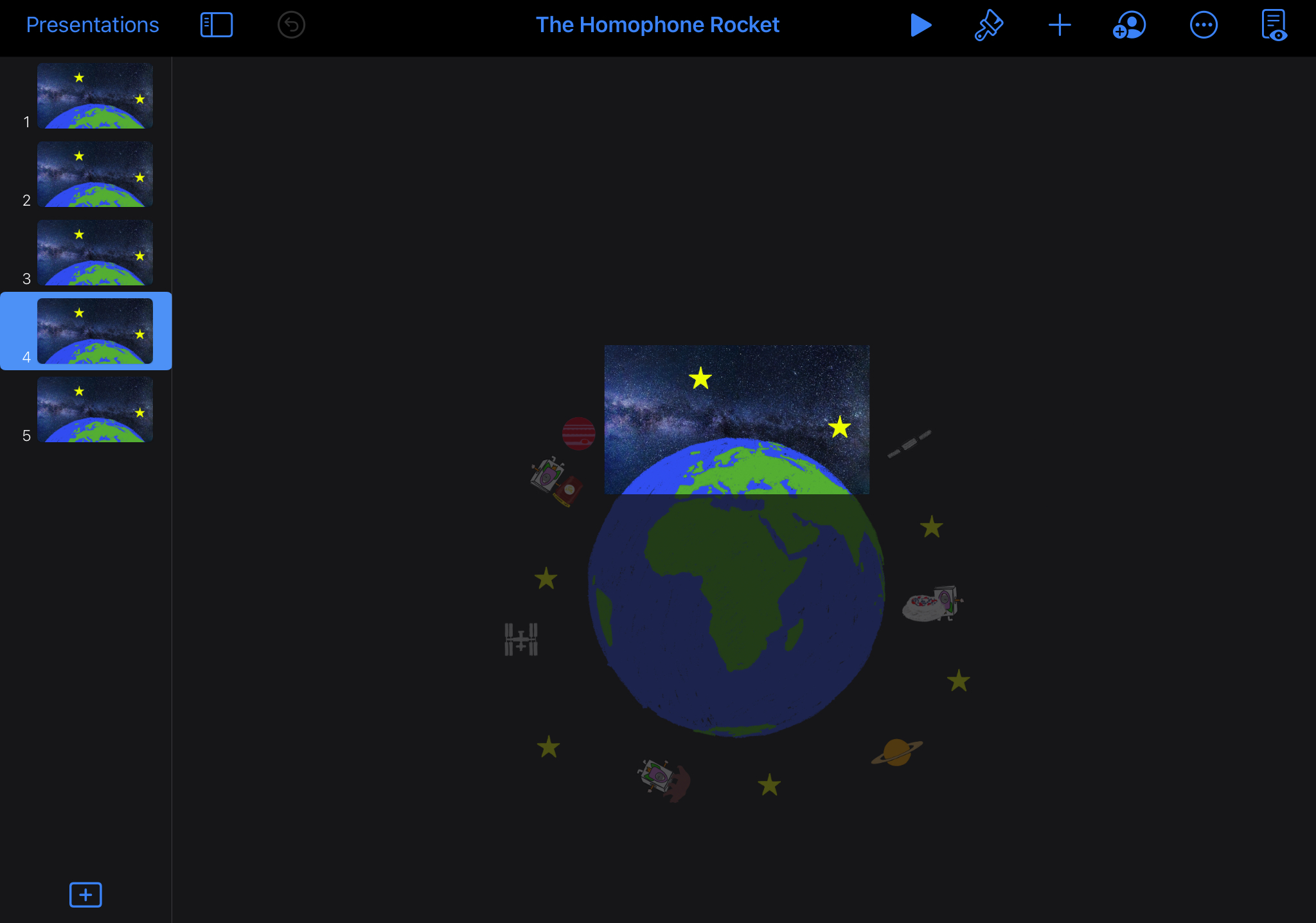 A screenshot of the items placed around the planet Earth in Keynote.