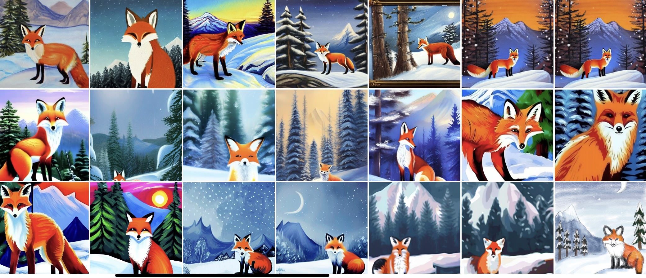 multiple AR generated pictures of a painting of a fox.