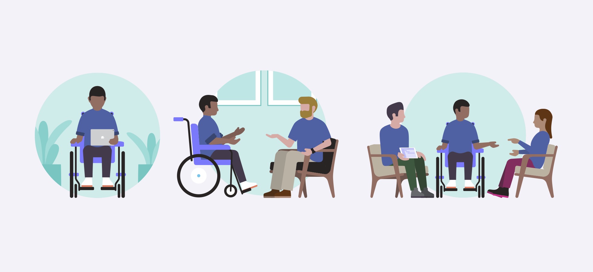 A coach seated in a wheelchair, in 3 scenarios: working alone on iPad, with 1 other coach, and in a group with 2 coaches.