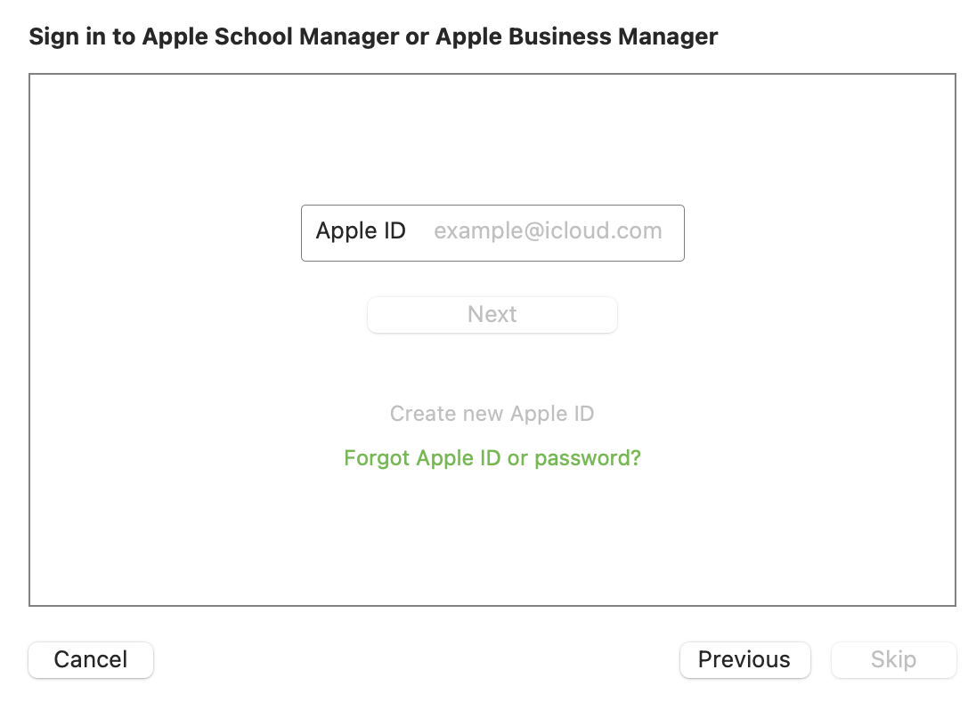 Screenshot from Configurator asking users to sign into Apple School Manager
