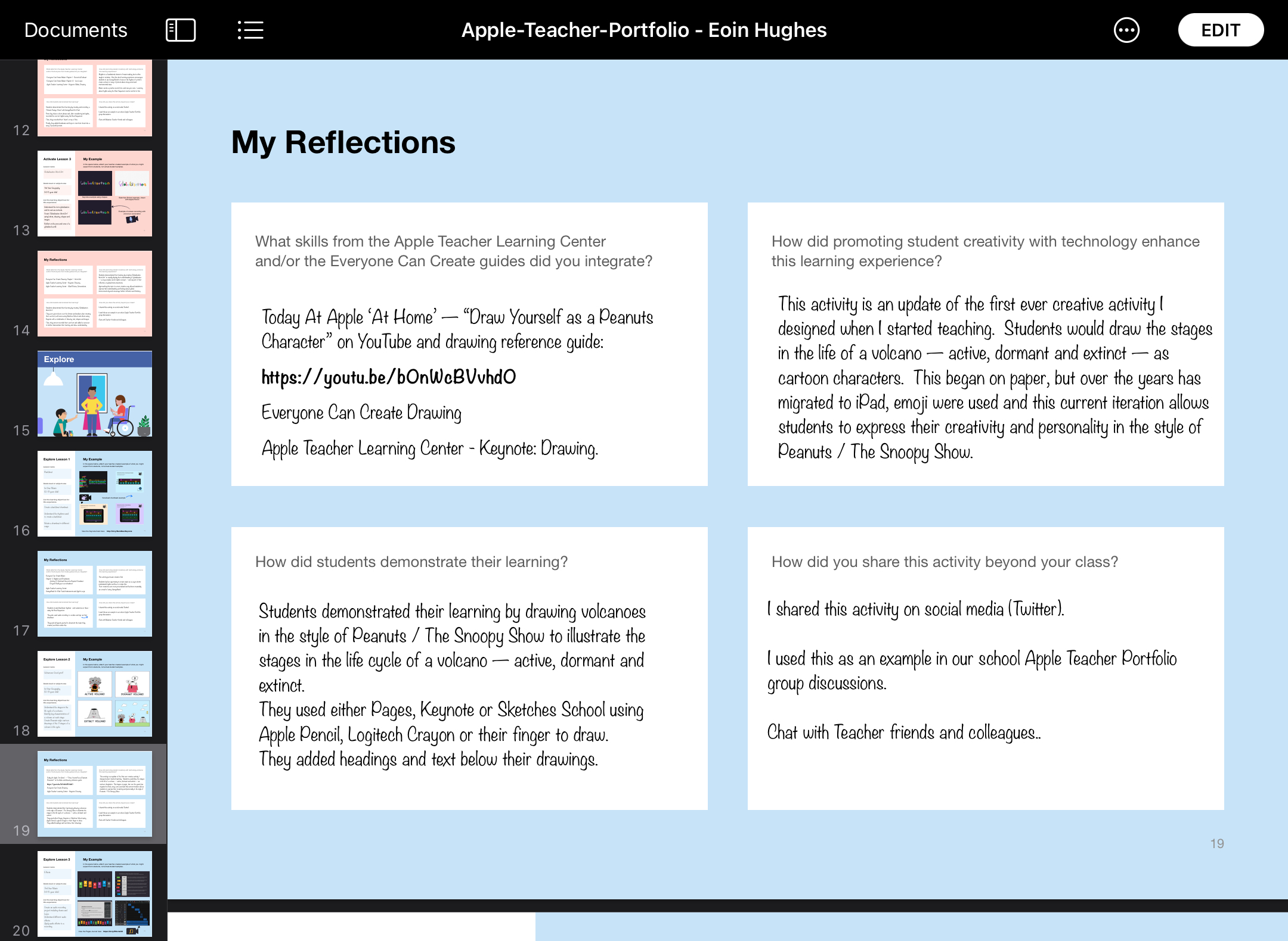 Apple Teacher Portfolio Explore lesson 2 screenshot. Includes reflections on skills, and how it promoted student creativity.