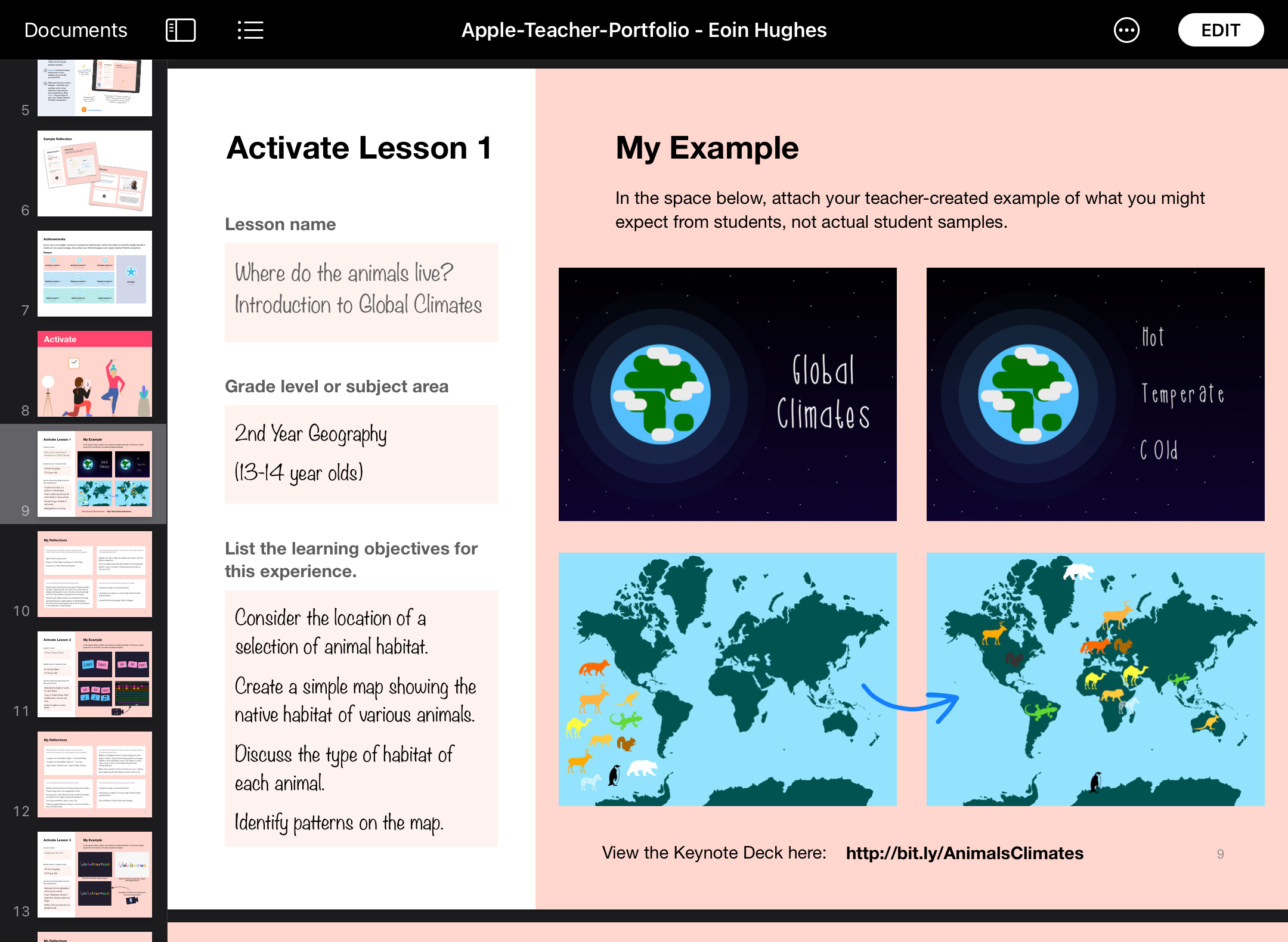 Apple Teacher Portfolio Activate lesson 1 screenshot. Includes the lesson name, learning objectives & lesson example images. 
