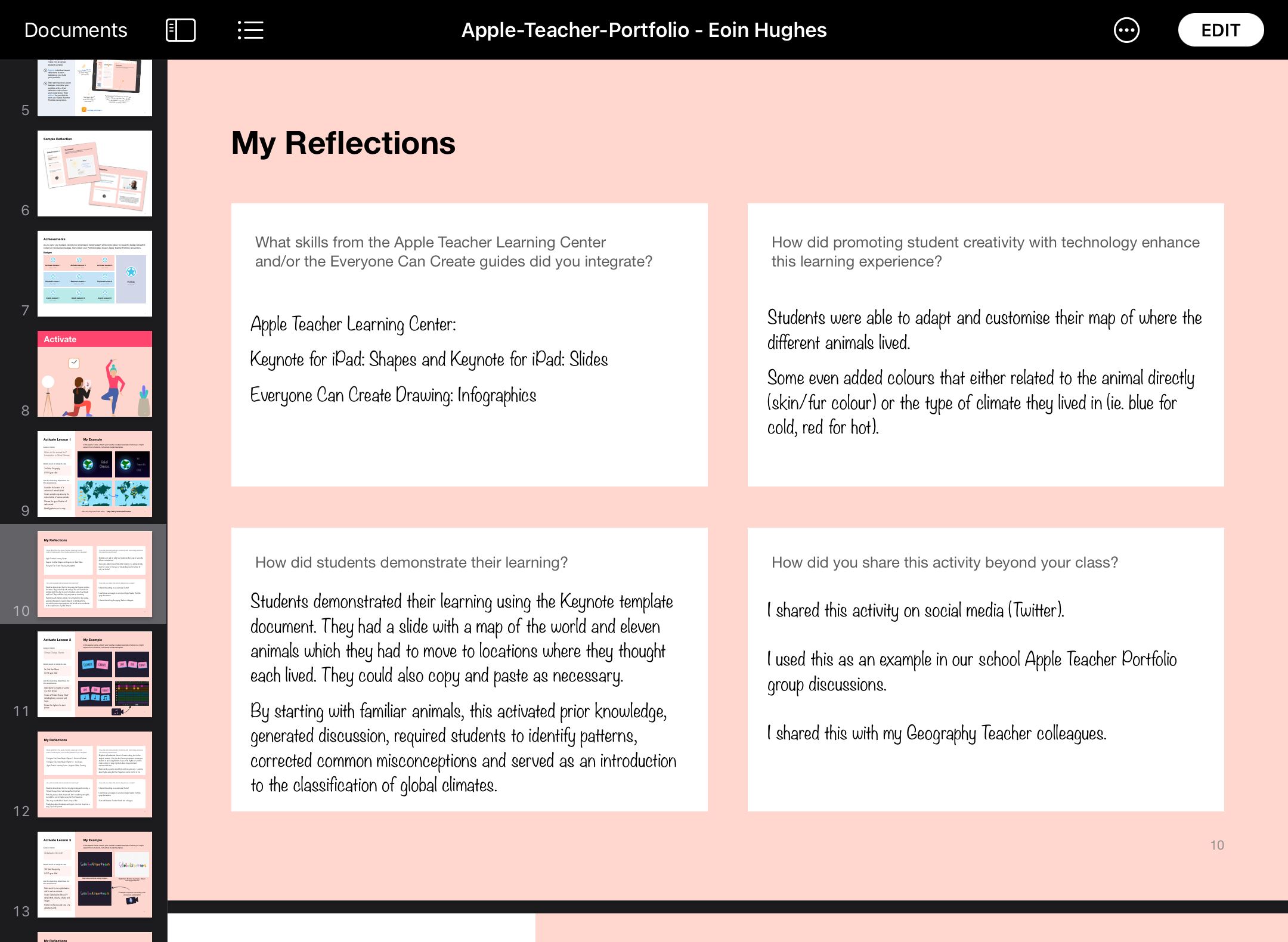 Apple Teacher Portfolio Activate lesson 1 screenshot. Includes reflections on skills, and how it promoted student creativity.