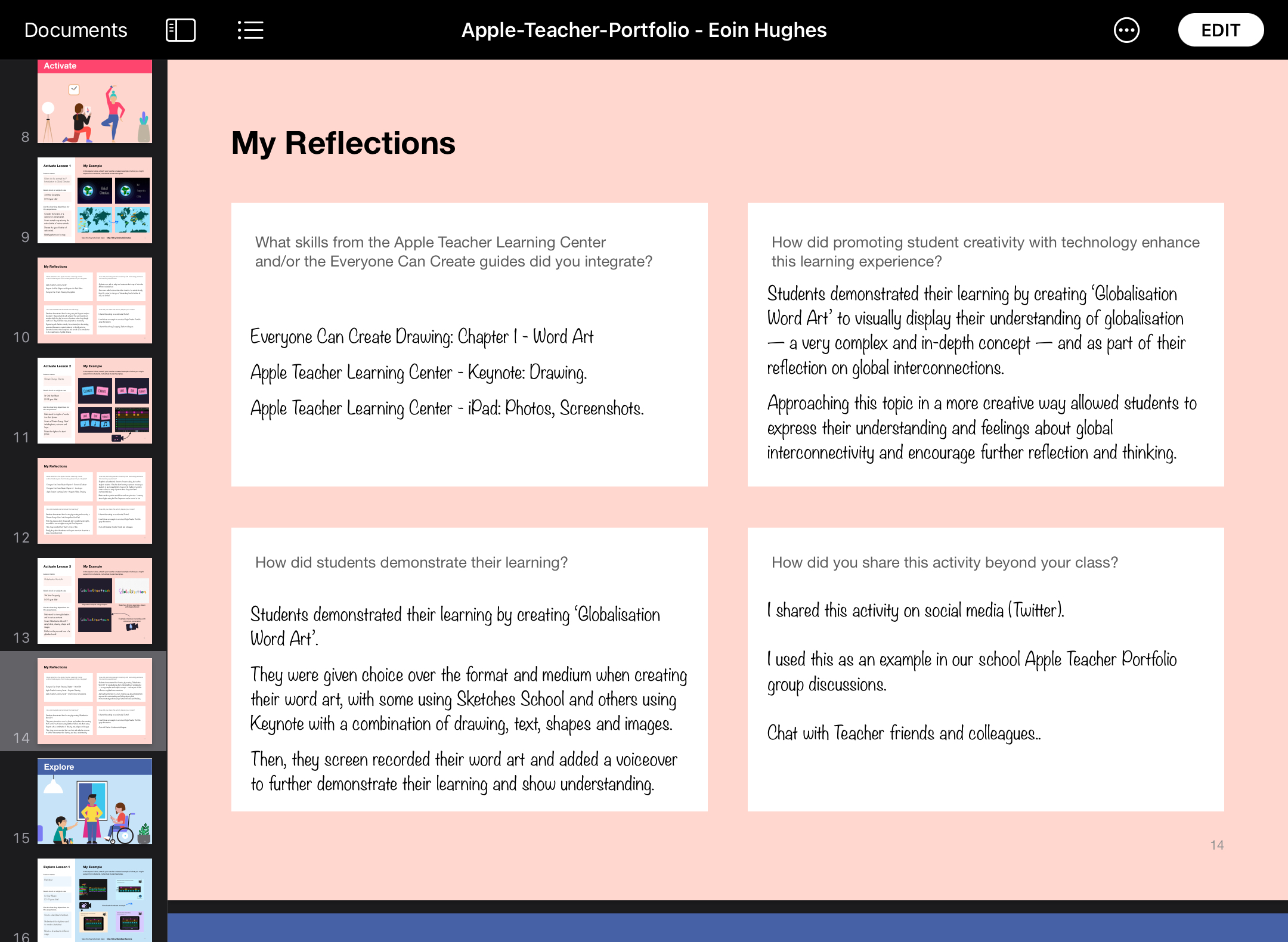 Apple Teacher Portfolio Activate lesson 3 screenshot. Includes reflections on skills, and how it promoted student creativity.