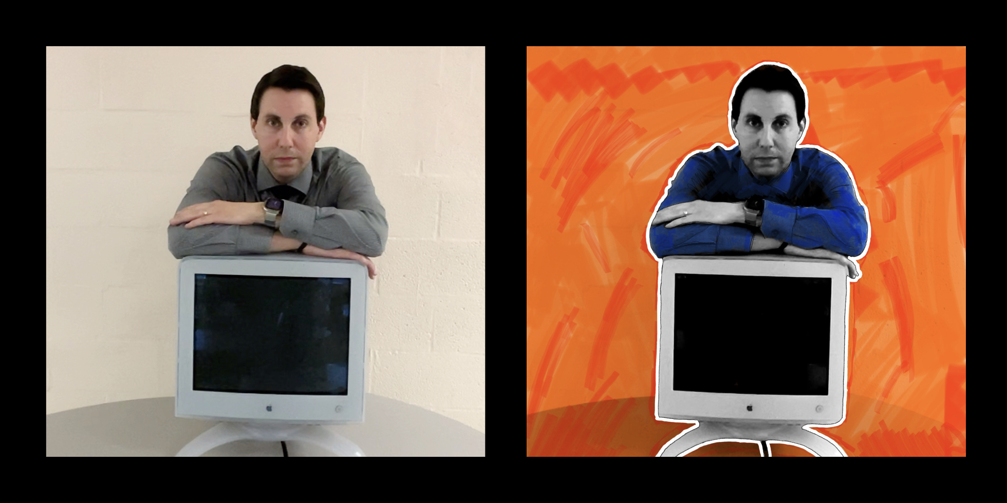 2 images of a man posing on an iMac G3 with arms crossed. One is in the Pop Art style