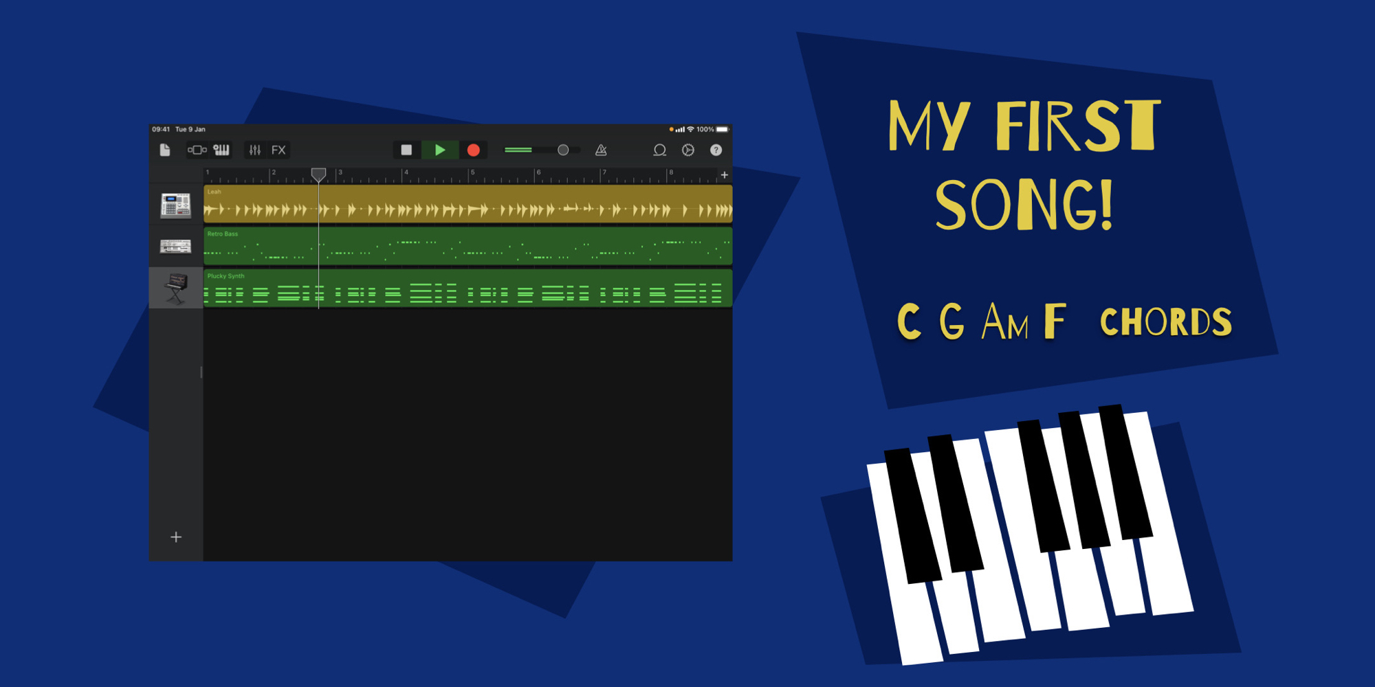 Graphic with a screenshot from a GarageBand project. Yellow text reading “My First Song. C-G-Am-F chords” on blue background.