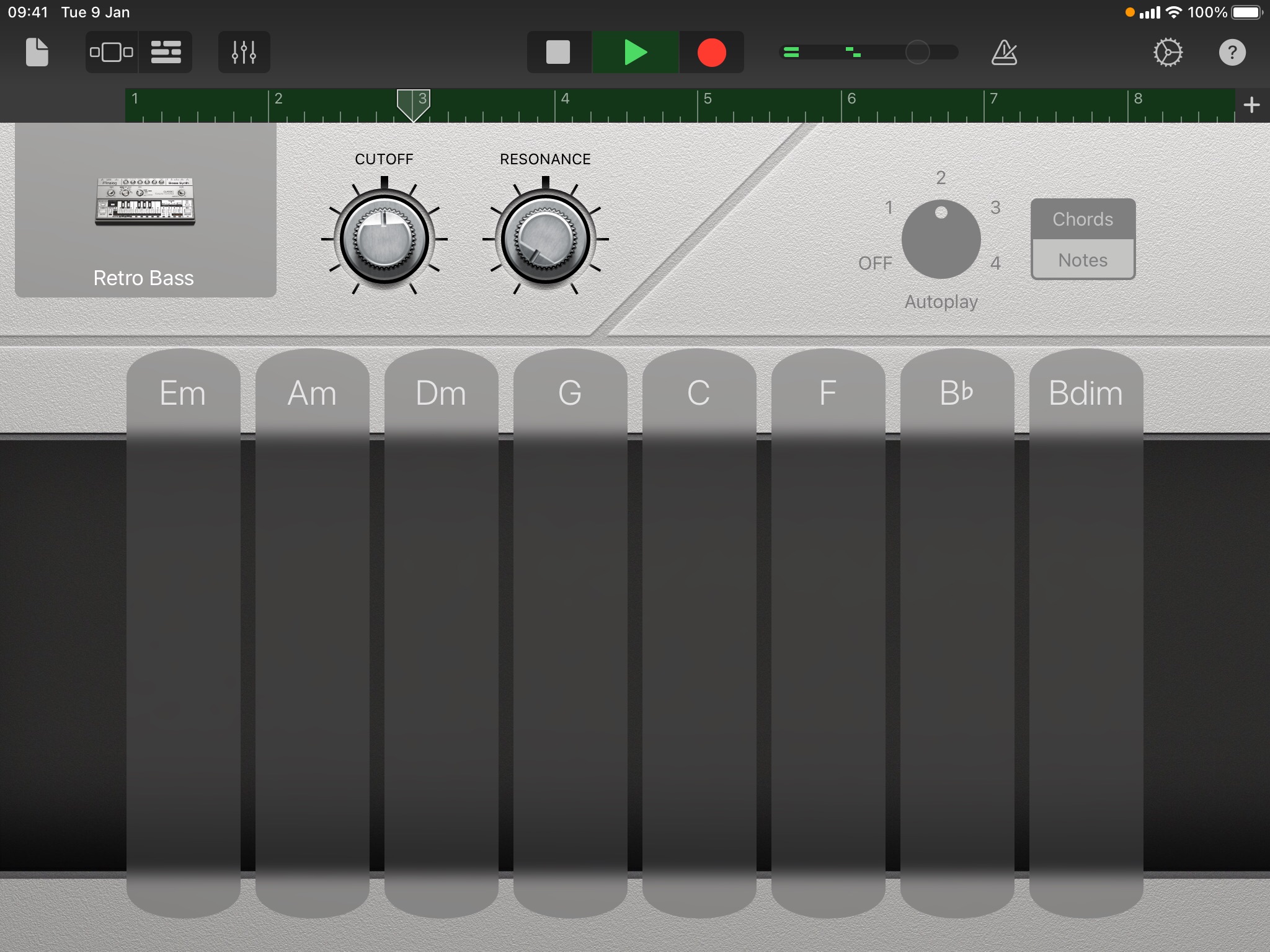 Screenshot of the Smart Bass interface in GarageBand for iPad. The track is playing and the Retro bass has been selected.