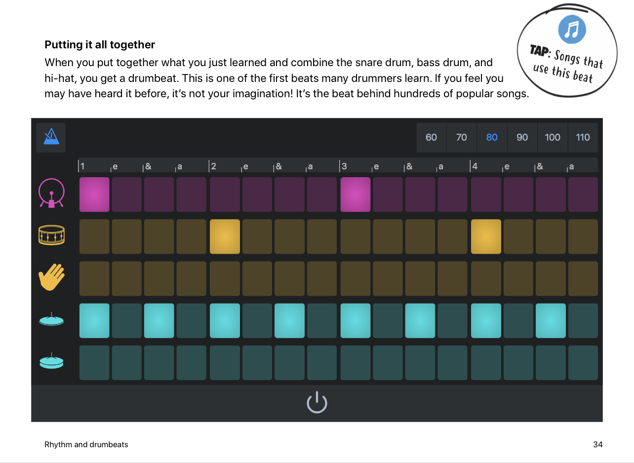 Page image from Everyone Can Create Music guide of a backbeat created with the Beat Sequencer.