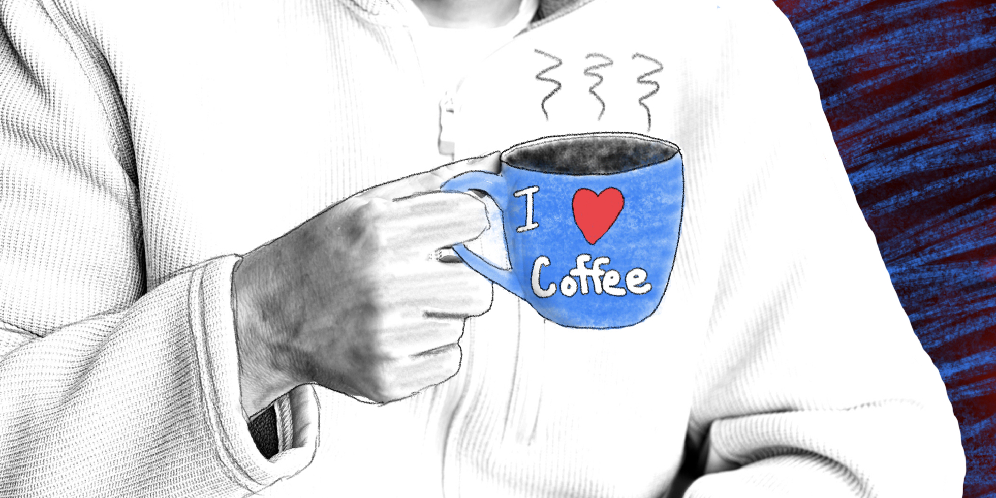 A close up image of a hand holding a coffee mug with I love/heart coffee drawn on it.