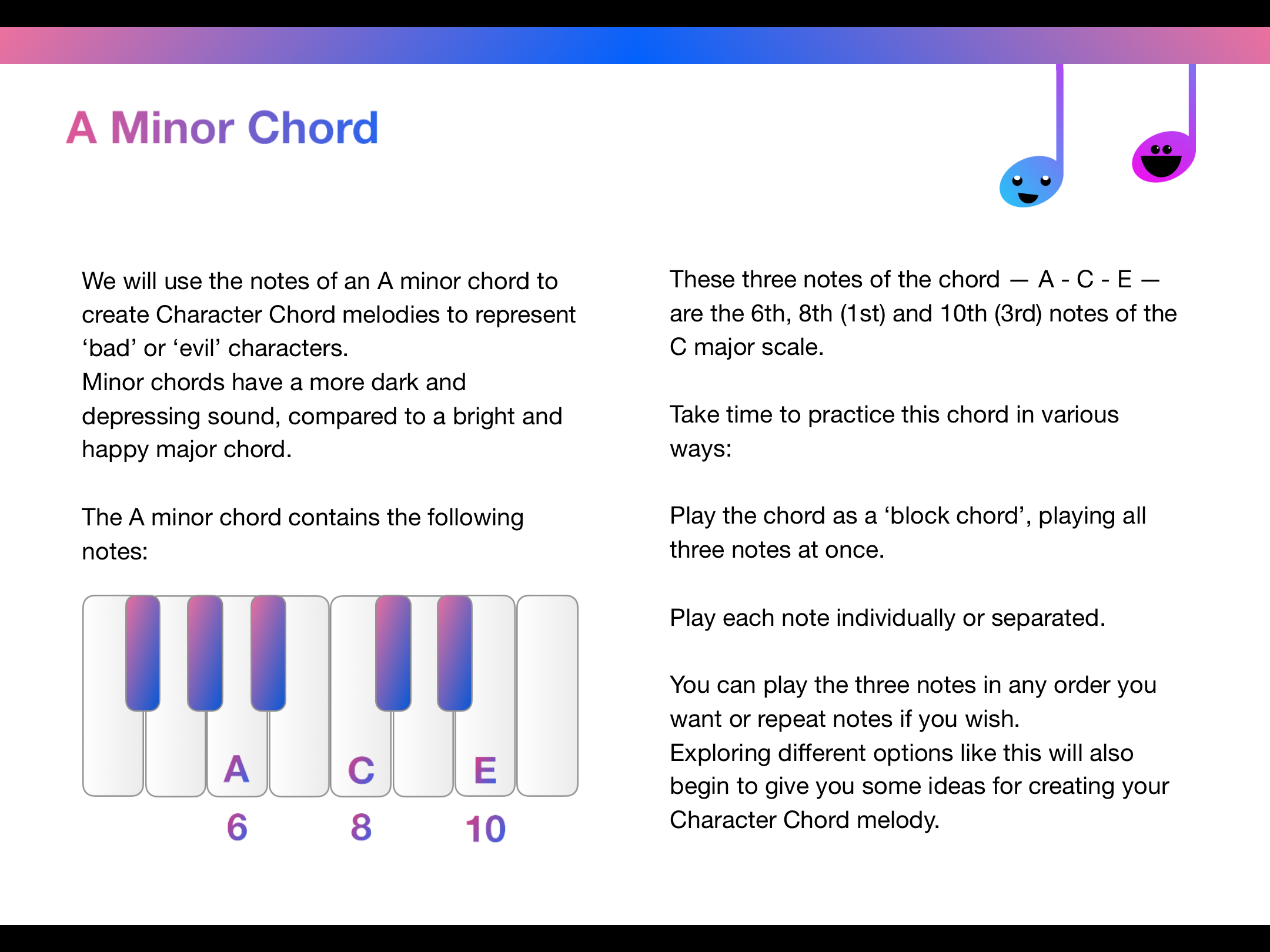 ‘A minor chord’ page from Character Chords, explaining the A minor chord and how to play it to create a chordal melody.