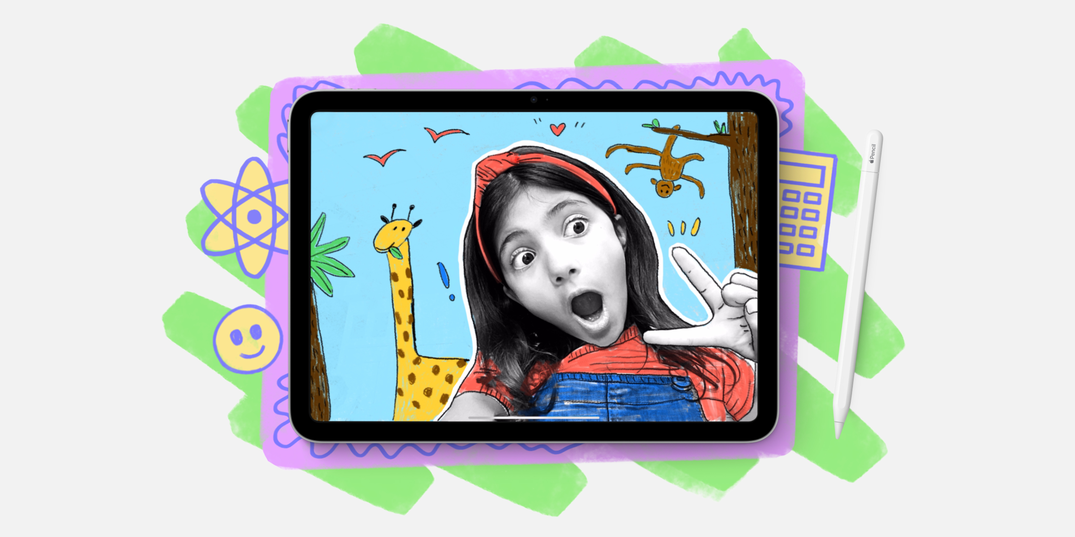 A selfie of an elementary girl framed on an iPad and turned into colorful pop art using Create Pop Art project from Apple.