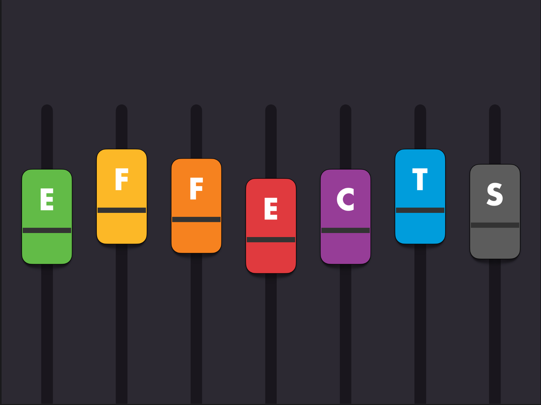 Effects journal cover. The individual letters of the word ‘Effects’ are placed within coloured mixing desk faders.