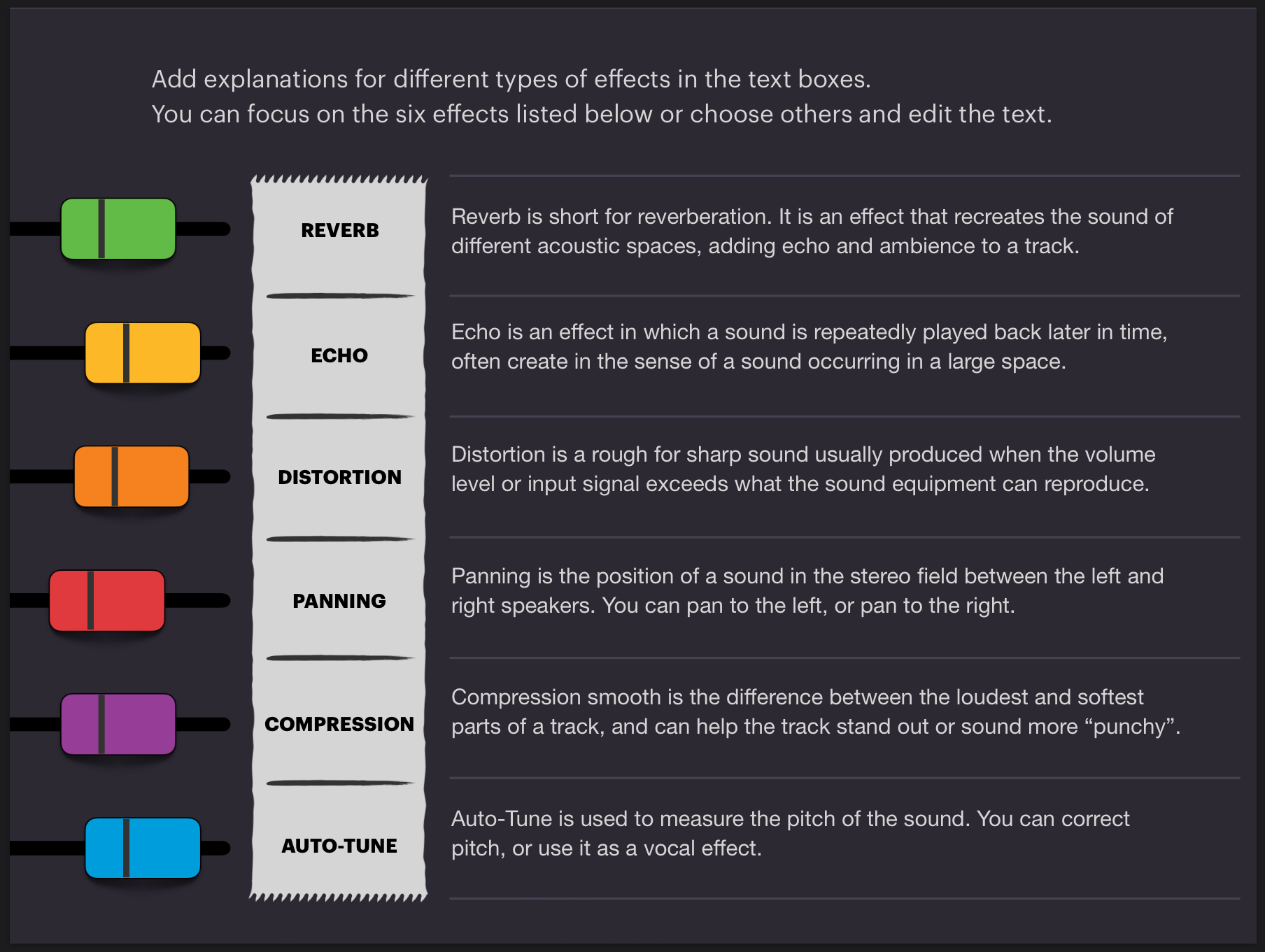 Definitions of different processing effects used in mosaic and audio recording environments. 