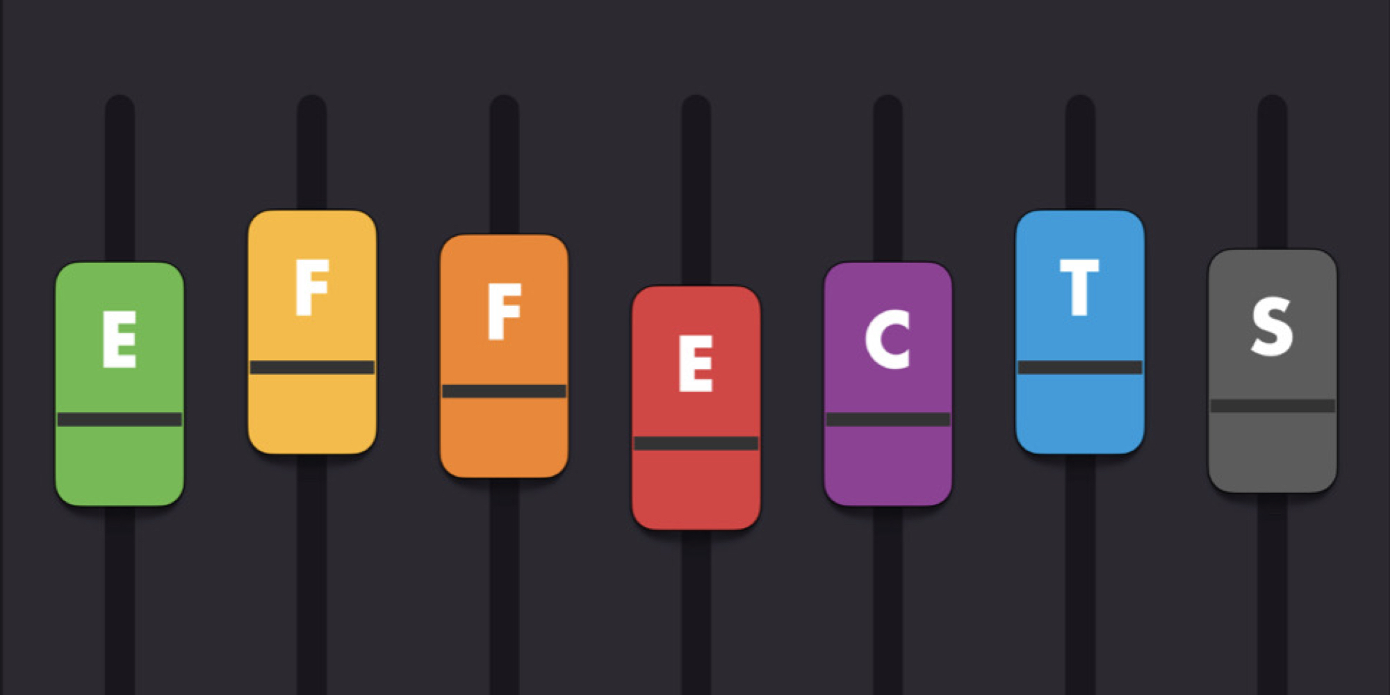Effects journal cover. Letters of the word ‘Effects’ placed on coloured mixing desk faders.