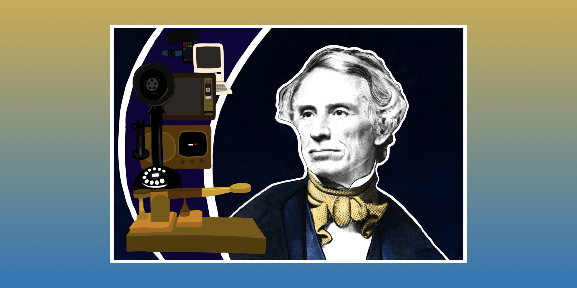 Image shows Samuel Morse with a drawing of his invention, the telegraph, with others that it influenced throughout history.