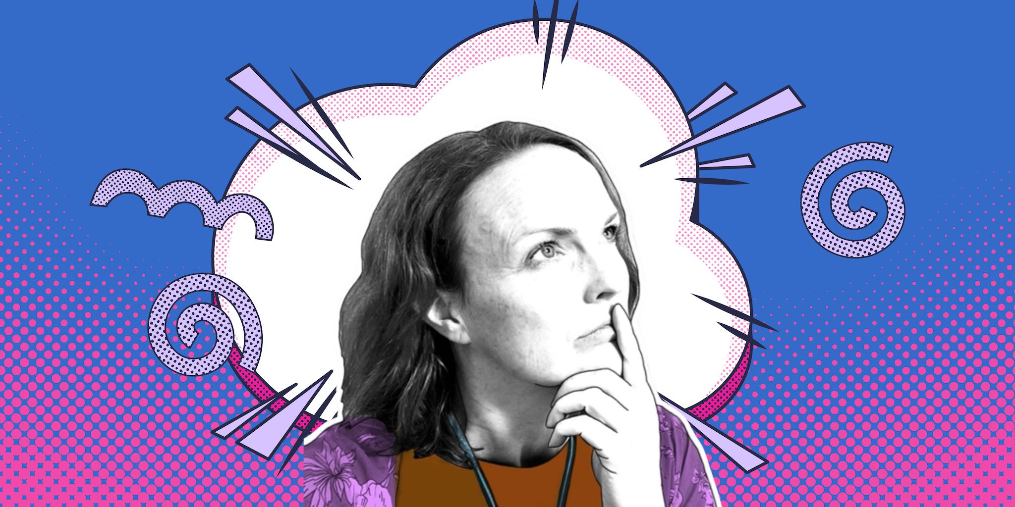 Pop Art style graphic in blue and pink with Ruth in black and white looking contemplative.