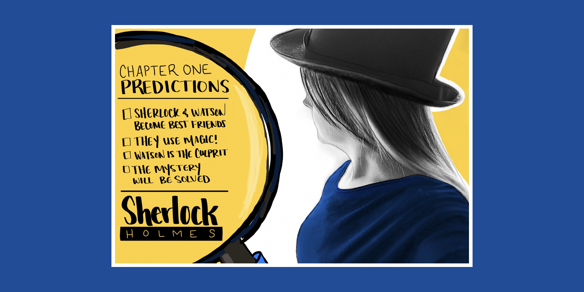 Image shows a woman in profile, wearing a hat, with predictions for chapters of the book "Sherlock Holmes."