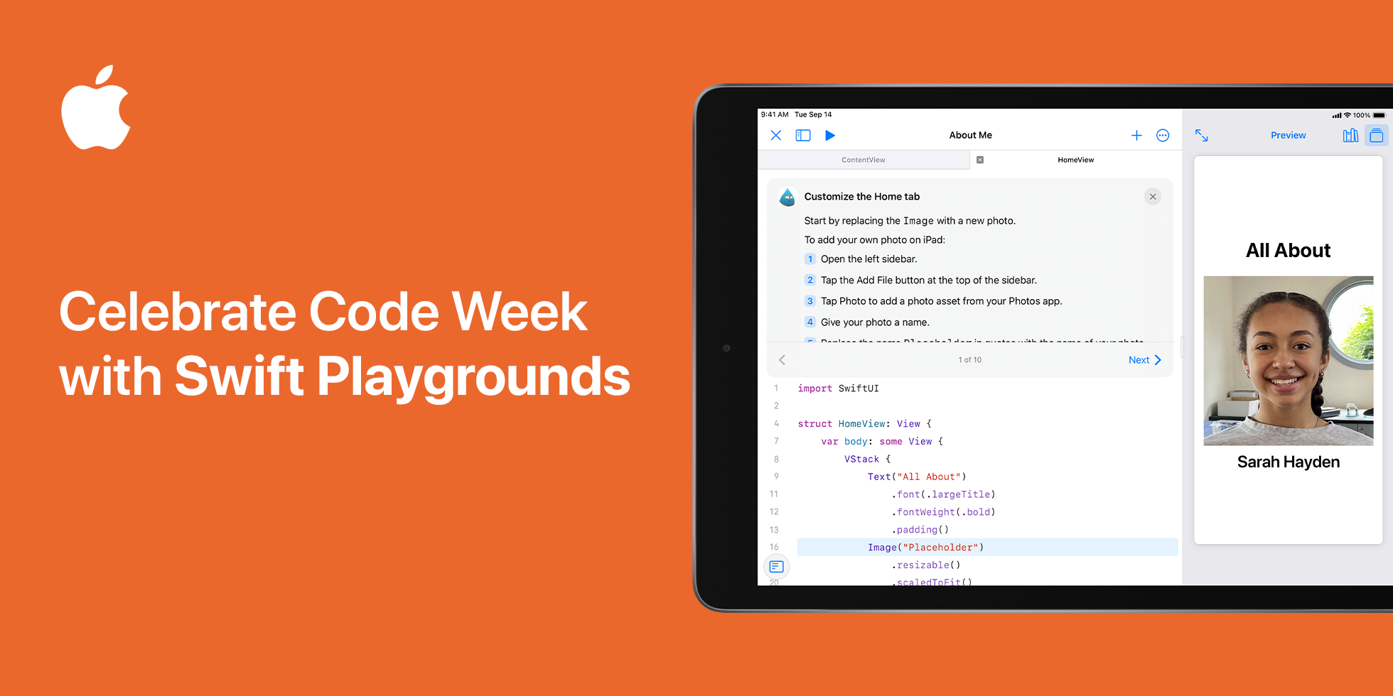 Swift Playgrounds image on iPad with title 'Celebrate Code Week with Swift Playgrounds.'