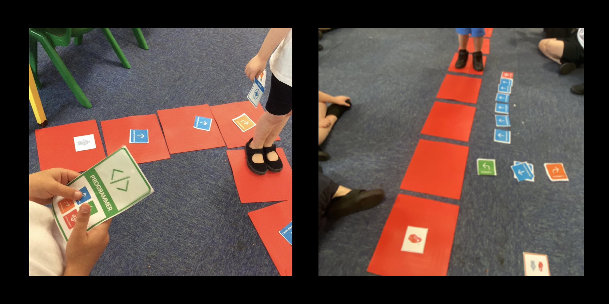 2 photographs showing 4 year olds using floor tiles to role play as robots. One child giving directional commands to another.
